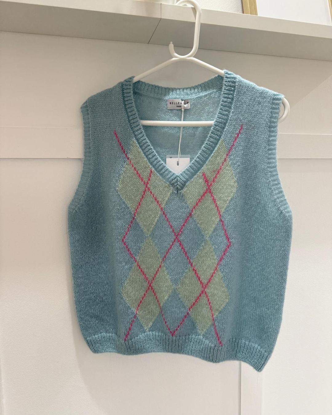 Blue/Pink Argyle V Neck Tank Top