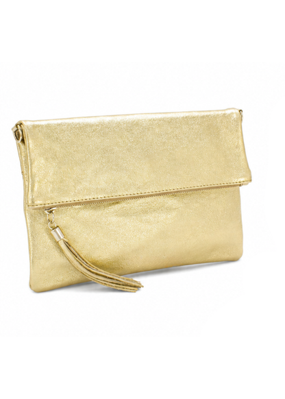 Gold Metallic Leather Fold-Over Clutch Bag