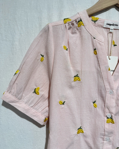 Pale Pink Lemon Embroidered Puff Sleeve Blouse