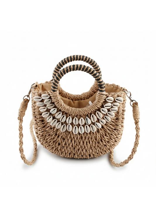 Camel 🐚 Shell Decor Small Straw Basket Bag