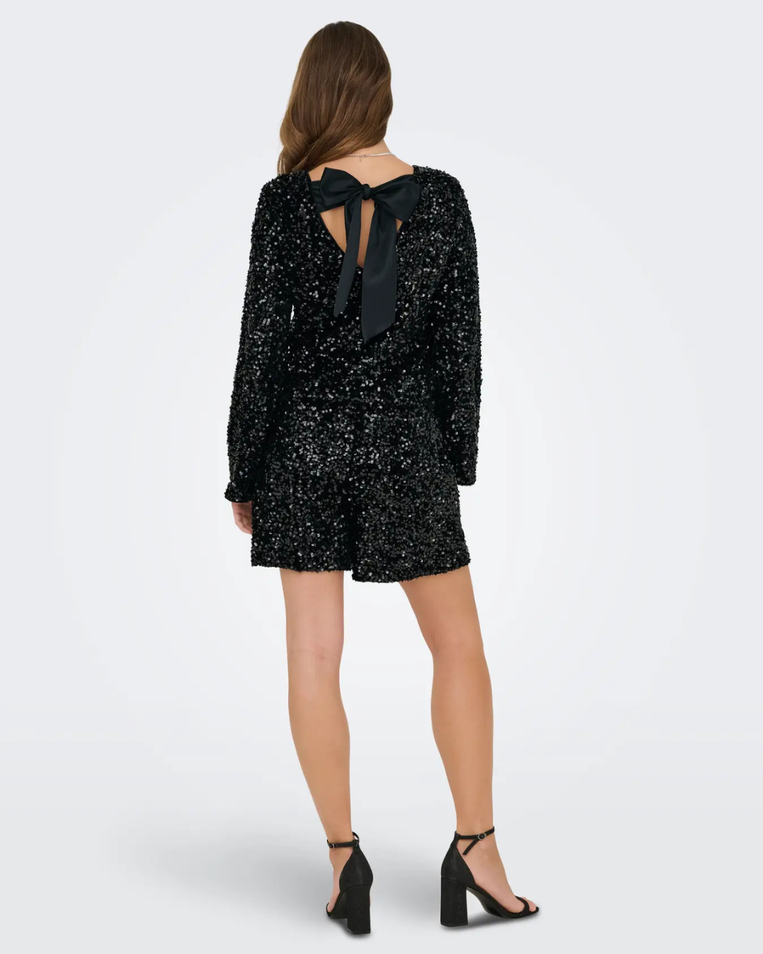 Black Sequin Satin Bow Back Top