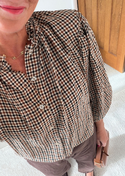 Black Heritage Check Frill Collar Blouse