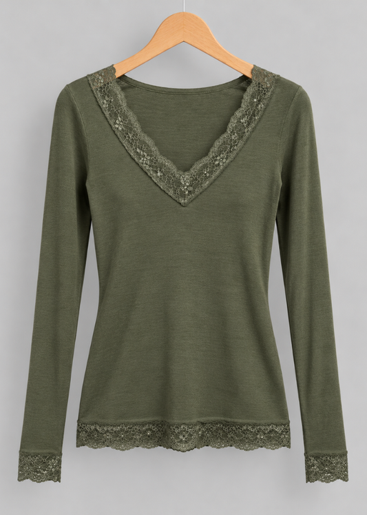 Khaki Cashmere Mix Lace Trim LayeringTop