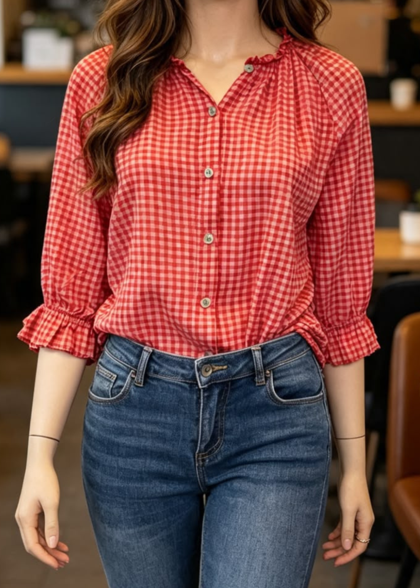 Navy Gingham 3/4 Sleeve Blouse