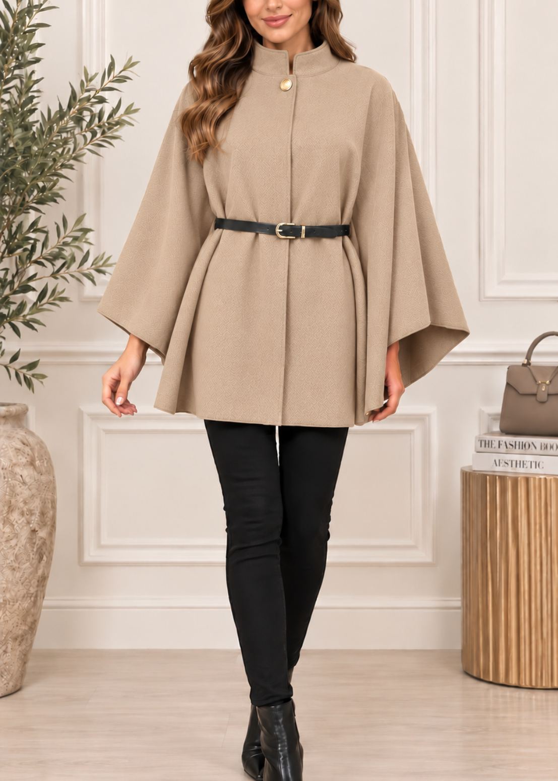 Black Funnel Neck Belted Cape Jacket