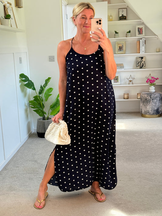 Navy/White Polka Dot Strappy Maxi Dress