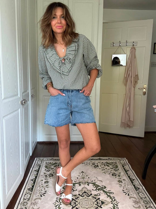 Khaki Gingham Ruffle Blouse