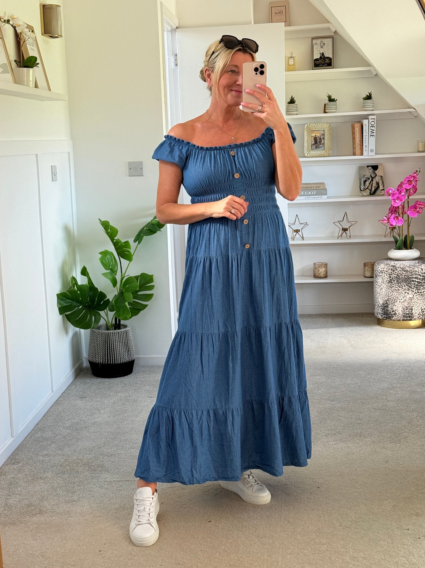 Blue Denim Bardot Tiered Maxi Dress