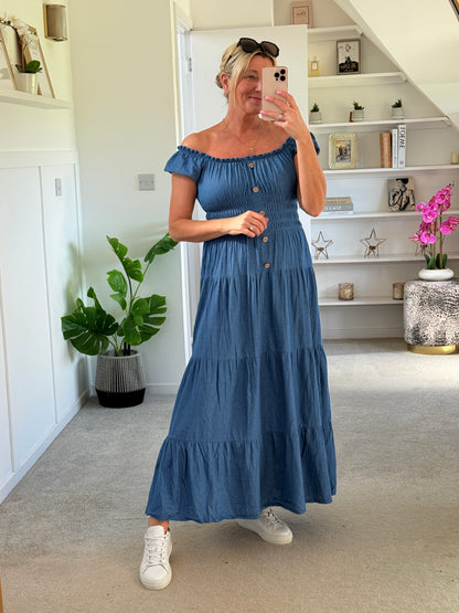 Blue Denim Bardot Tiered Maxi Dress