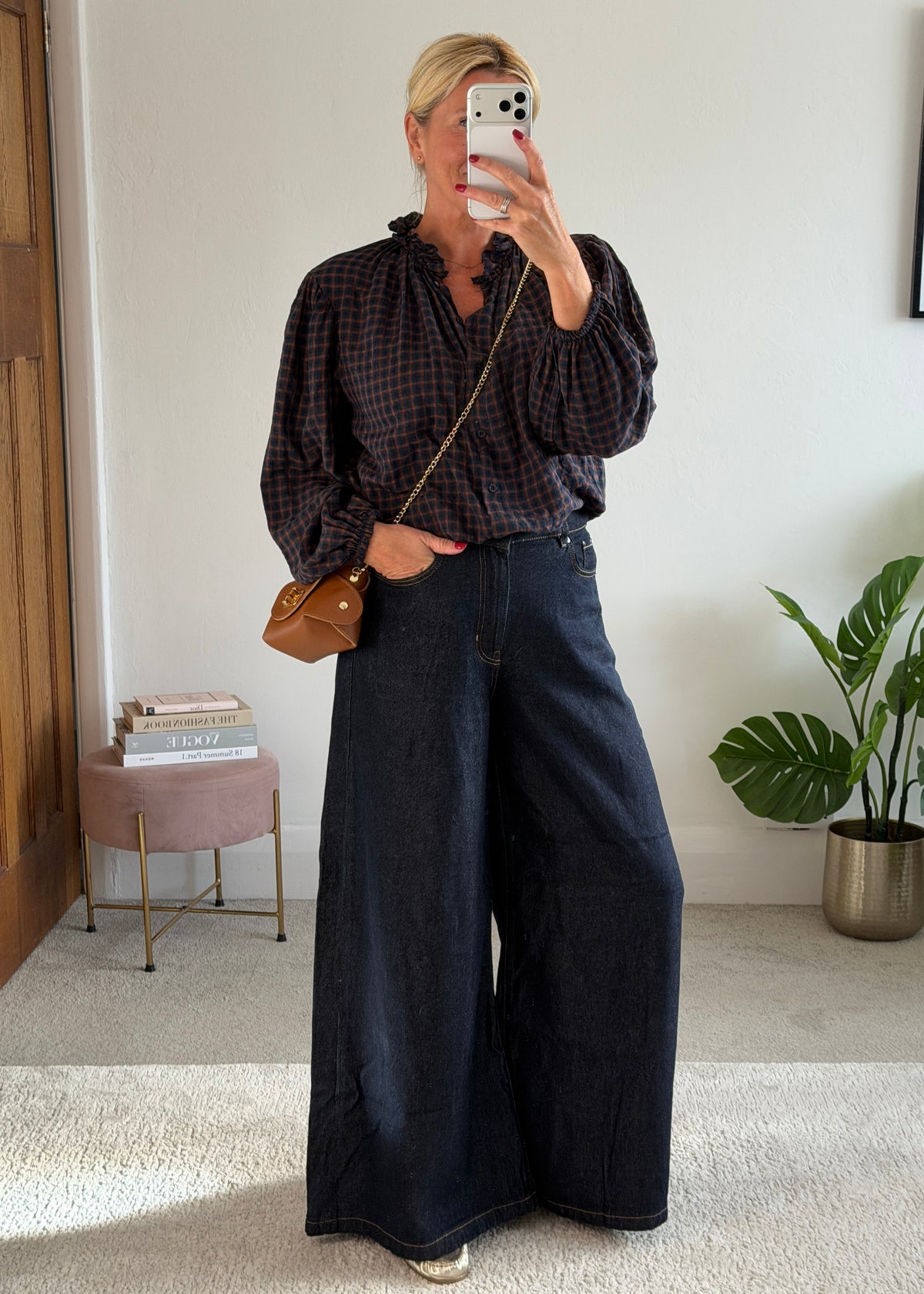 Navy Heritage Check Frill Collar Blouse