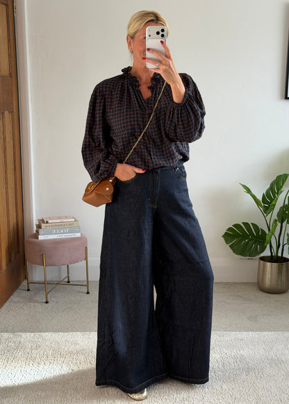 Navy Heritage Check Frill Collar Blouse