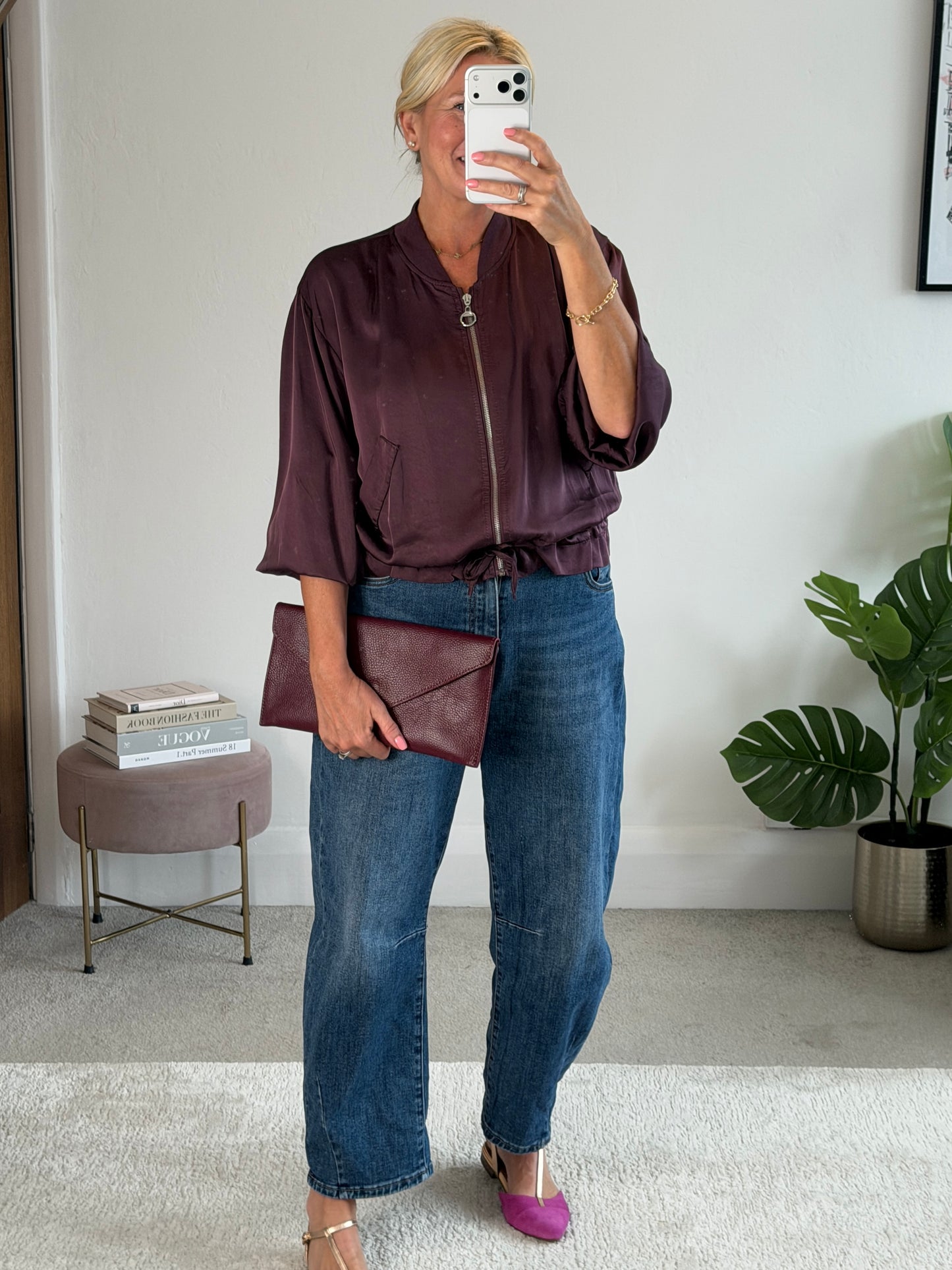 Plum Satin Drawstring Bomber Jacket