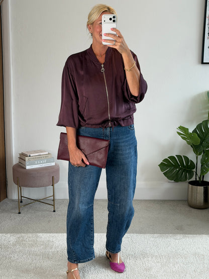 Plum Satin Drawstring Bomber Jacket
