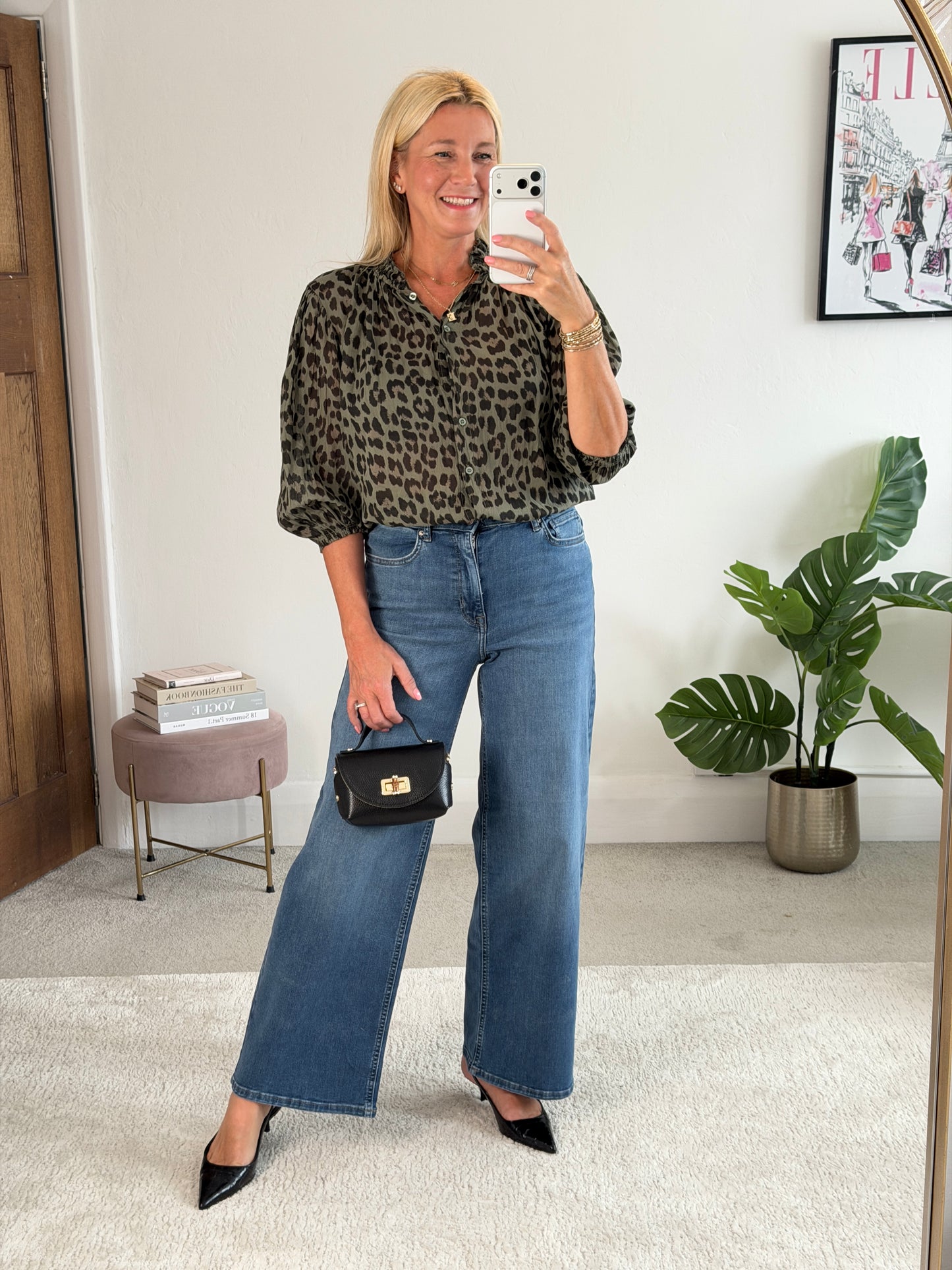 Khaki Leopard 3/4 Puff Sleeve Blouse