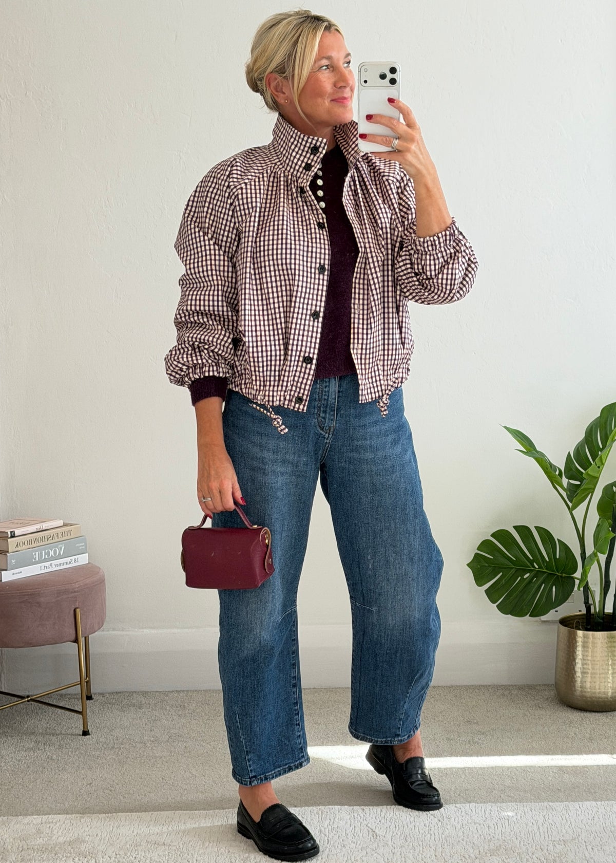 Plum Check Funnel Neck Jacket