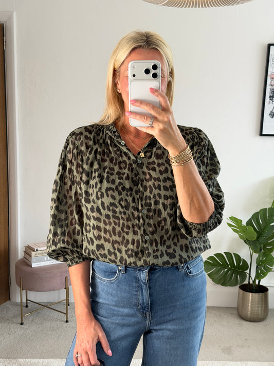 Khaki Leopard 3/4 Puff Sleeve Blouse