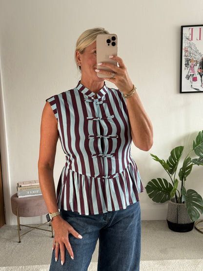 Blue/Plum Mandarin Collar Stripe Peplum Top