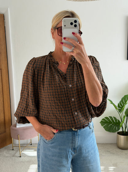 Mocha/Tan Heritage Check Frill Collar Blouse