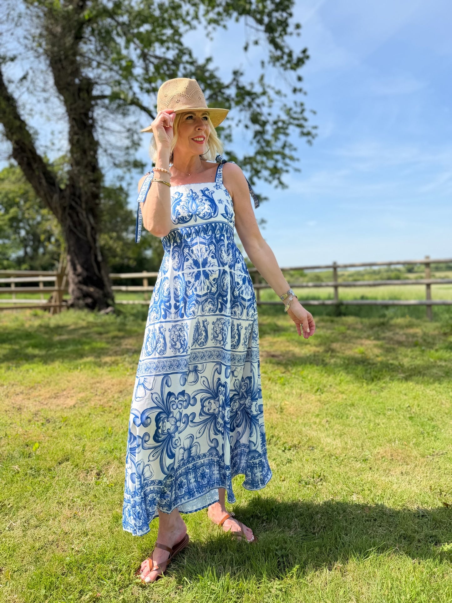Blue Baroque Tie Strap Dress