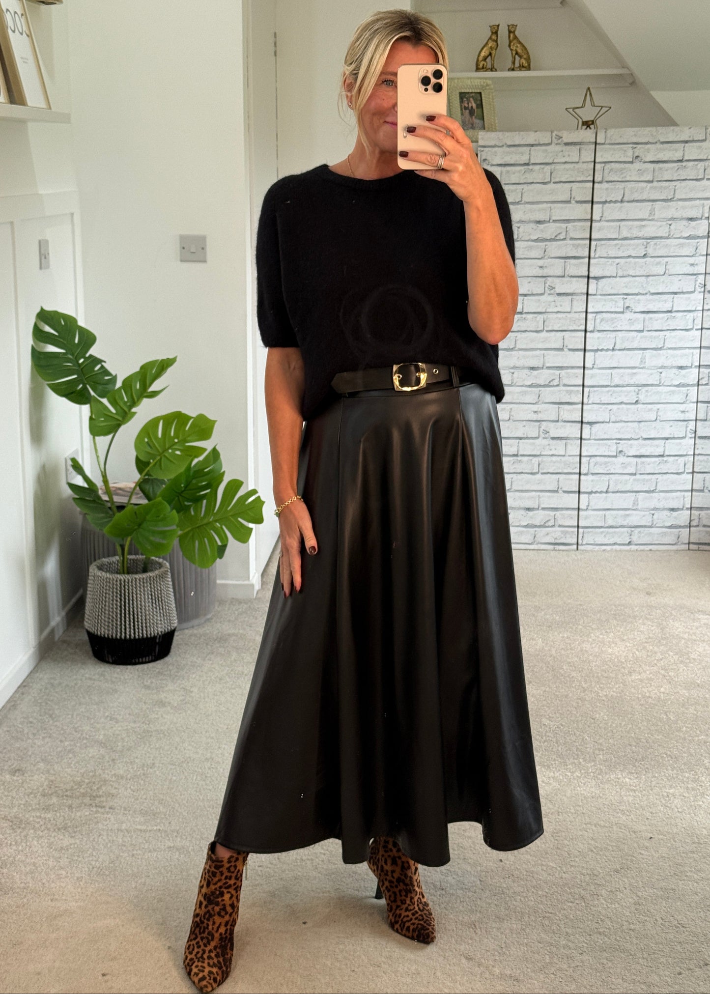 Black Pleather Midi Skirt