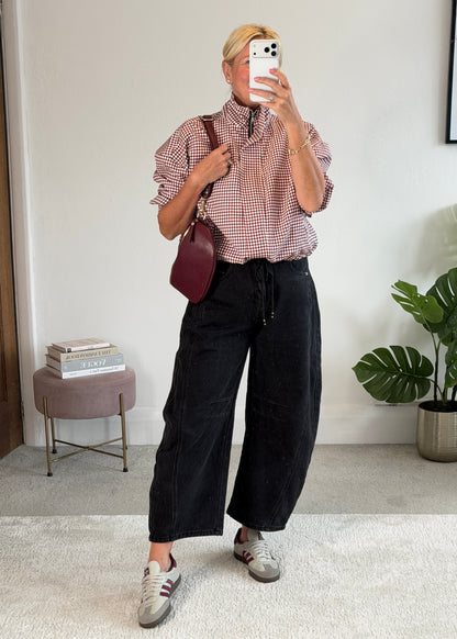 Burgundy Check Funnel Neck Jacket