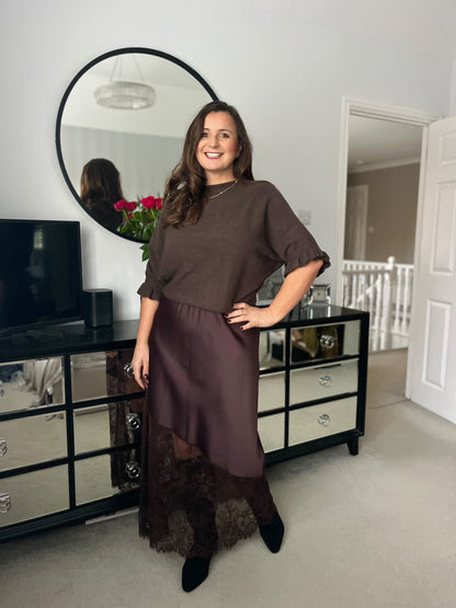 Chocolate Satin Asymmetric Lace Detail Maxi Slip Skirt