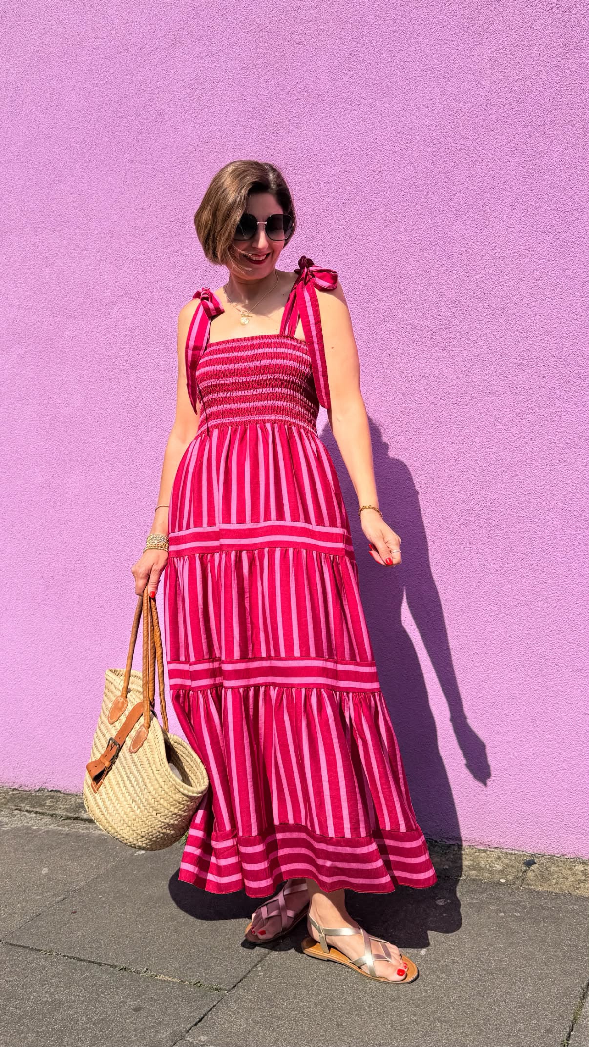 Pink/Red Striped Shirred Maxi Dress