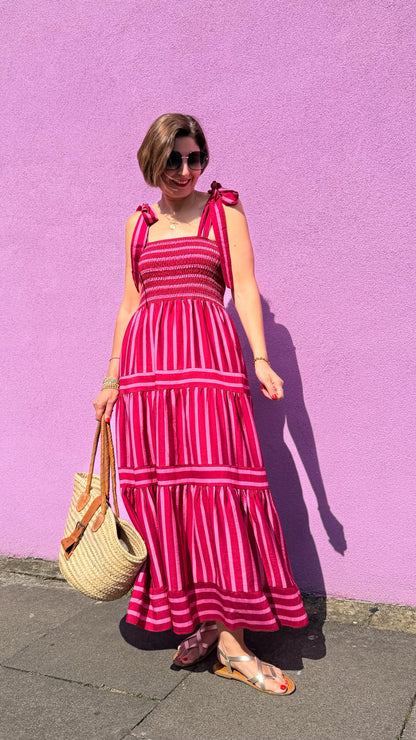 Pink/Red Striped Shirred Maxi Dress