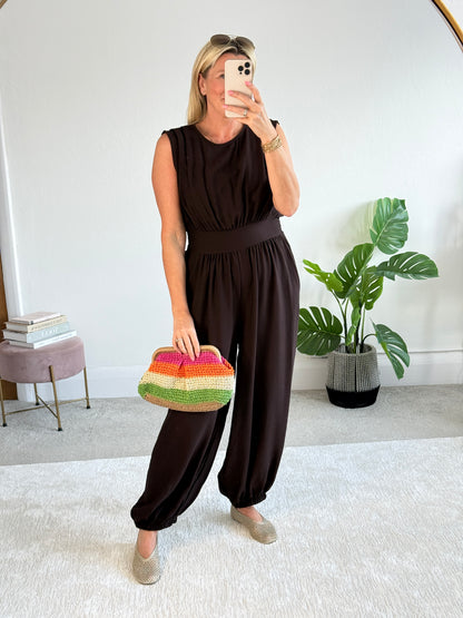 Chocolate Elasticated Sleeveless Harem Jumpsuit