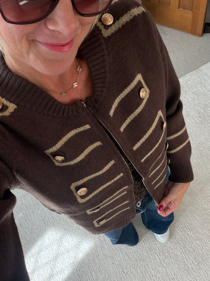 Chocolate Military Zip Front Knitted Cardi