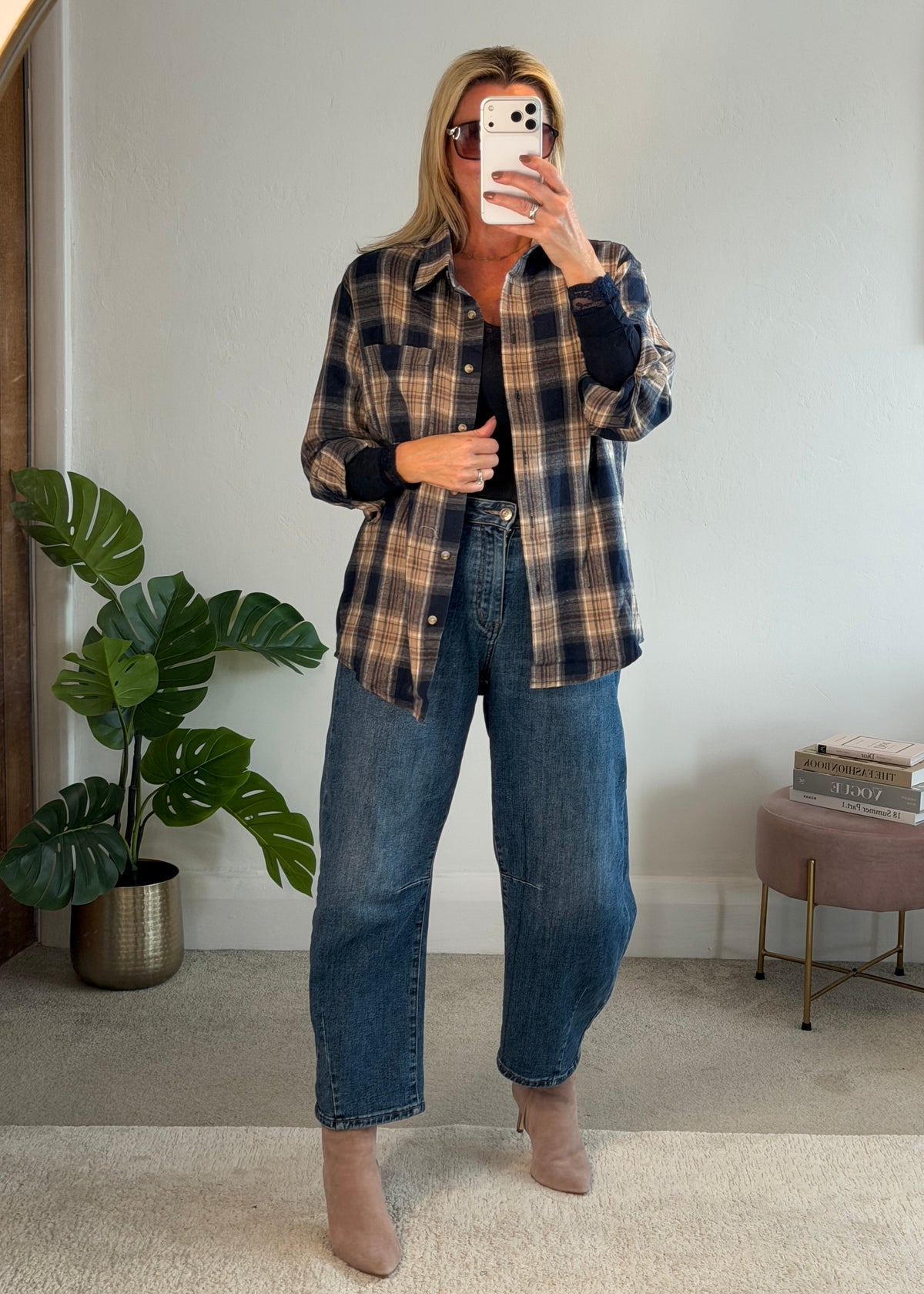 Navy Check Brushed Cotton Blend Shirt