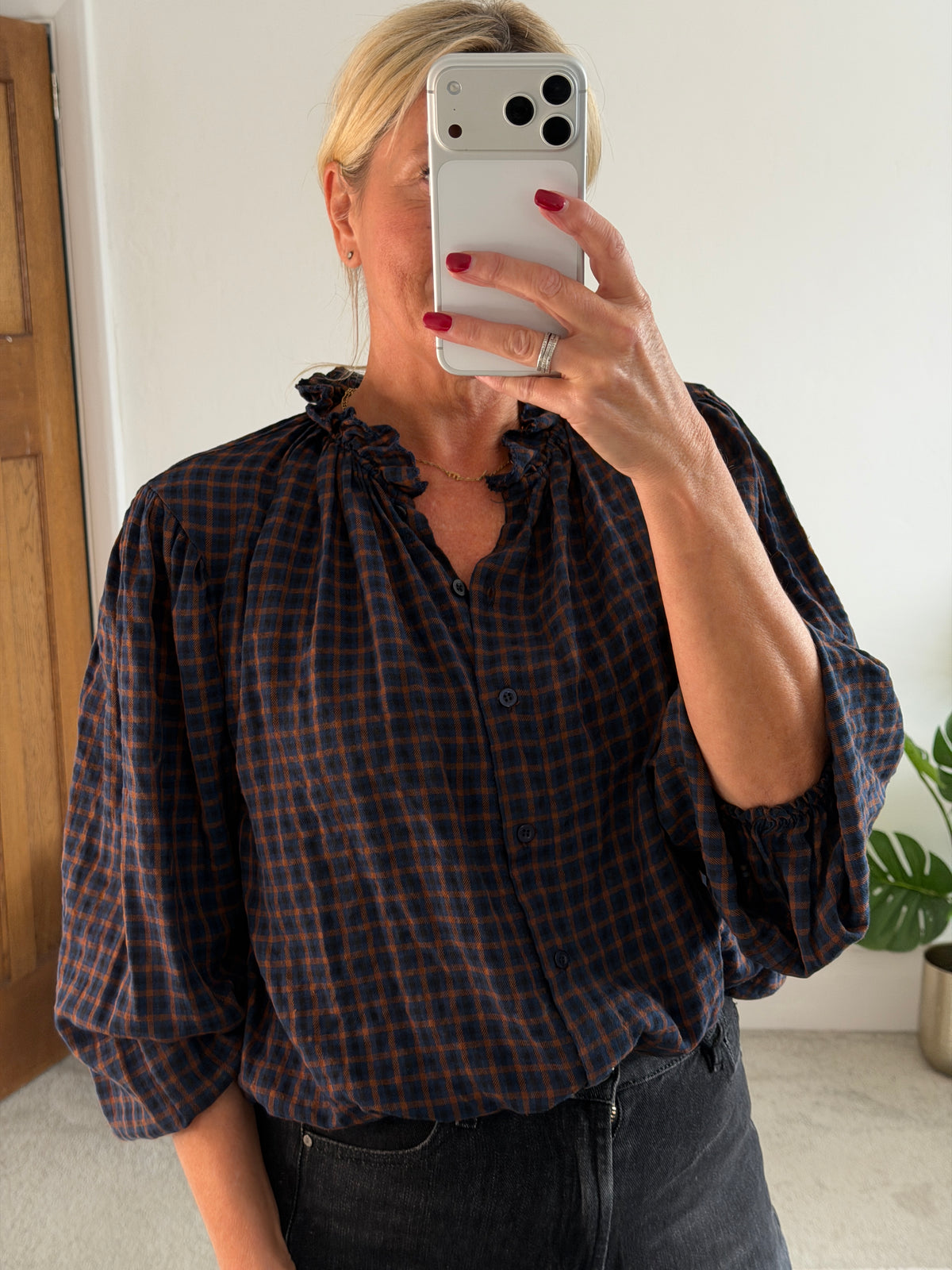 Navy Heritage Check Frill Collar Blouse