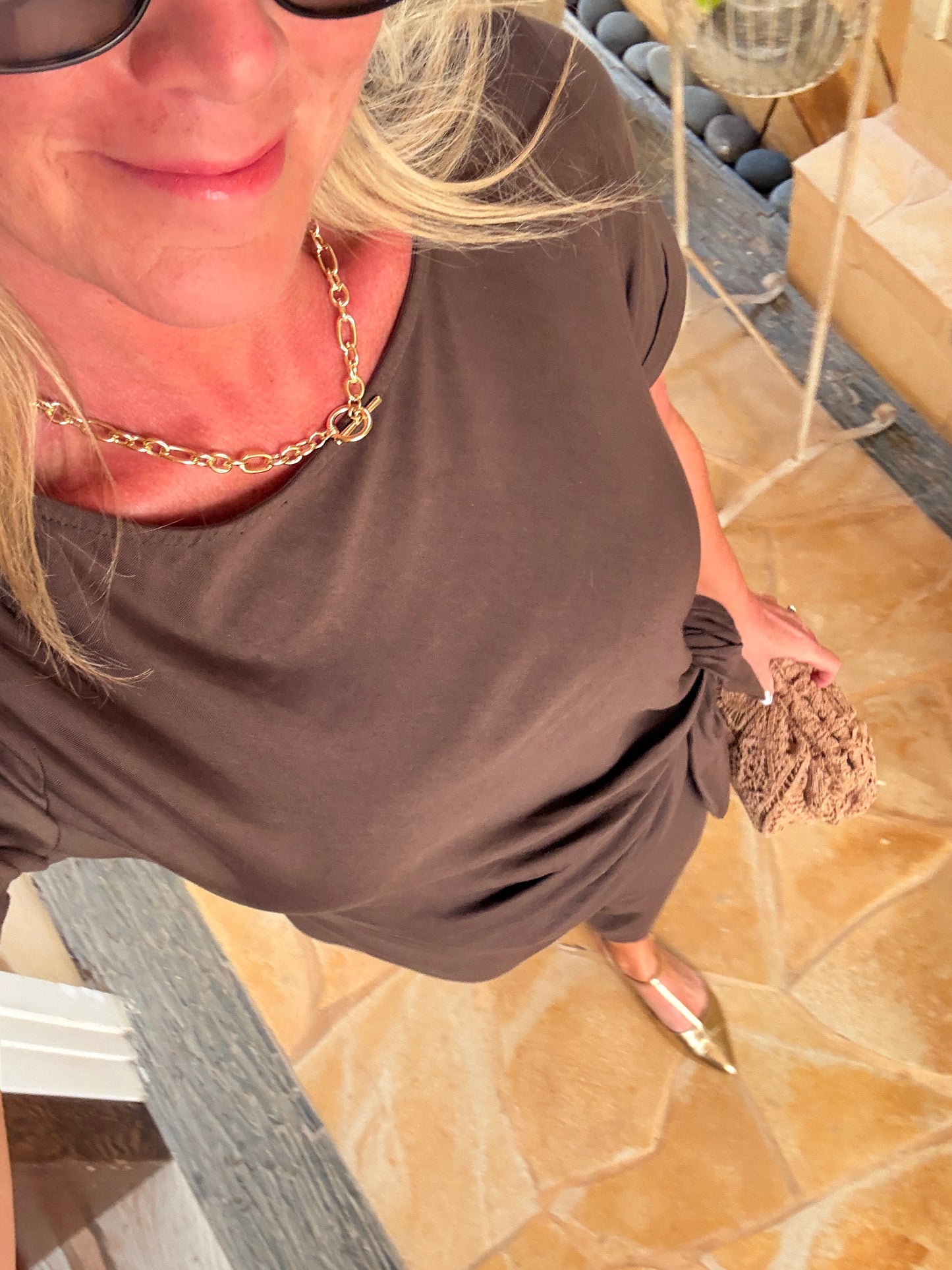 Chocolate Side Tie S/S Jersey Dress