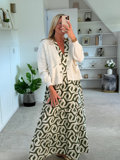 Khaki Retro Geometric Print Maxi Dress