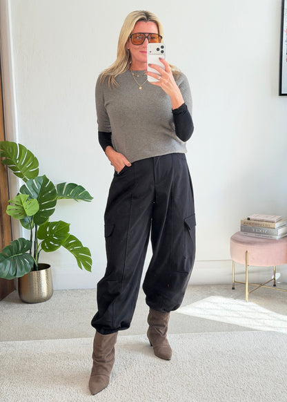 Black Barrel Leg Cargo Trousers