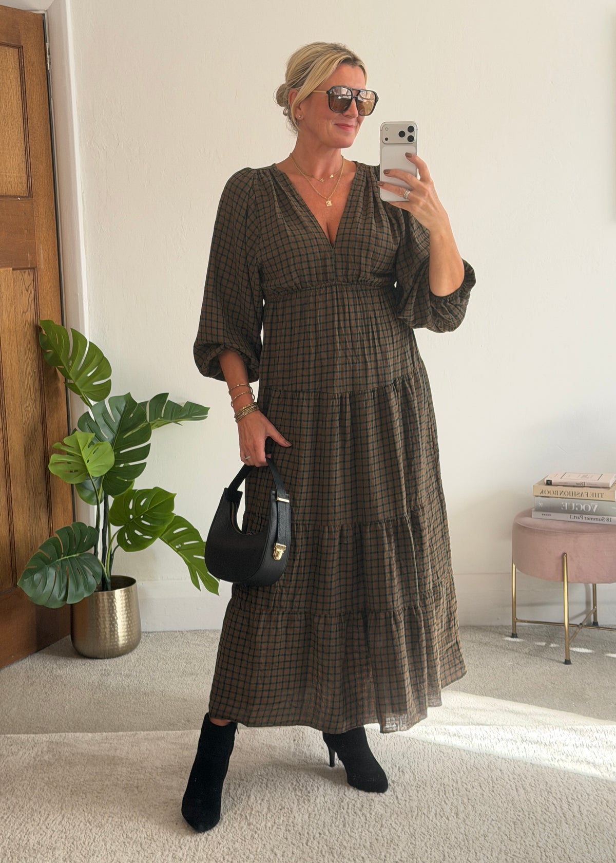 Khaki Heritage Check V-Neck Tiered Dress