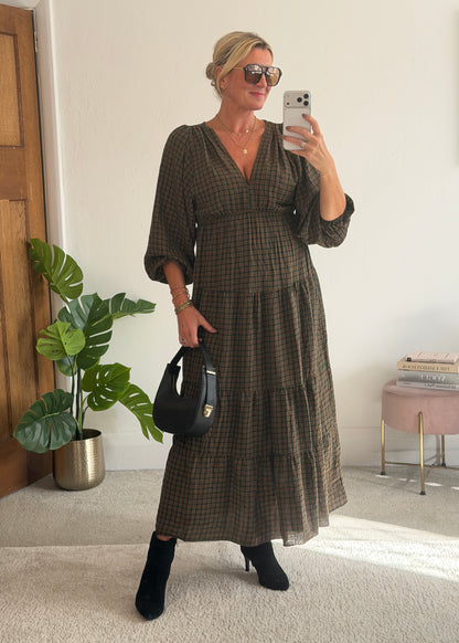 Khaki Heritage Check V-Neck Tiered Dress