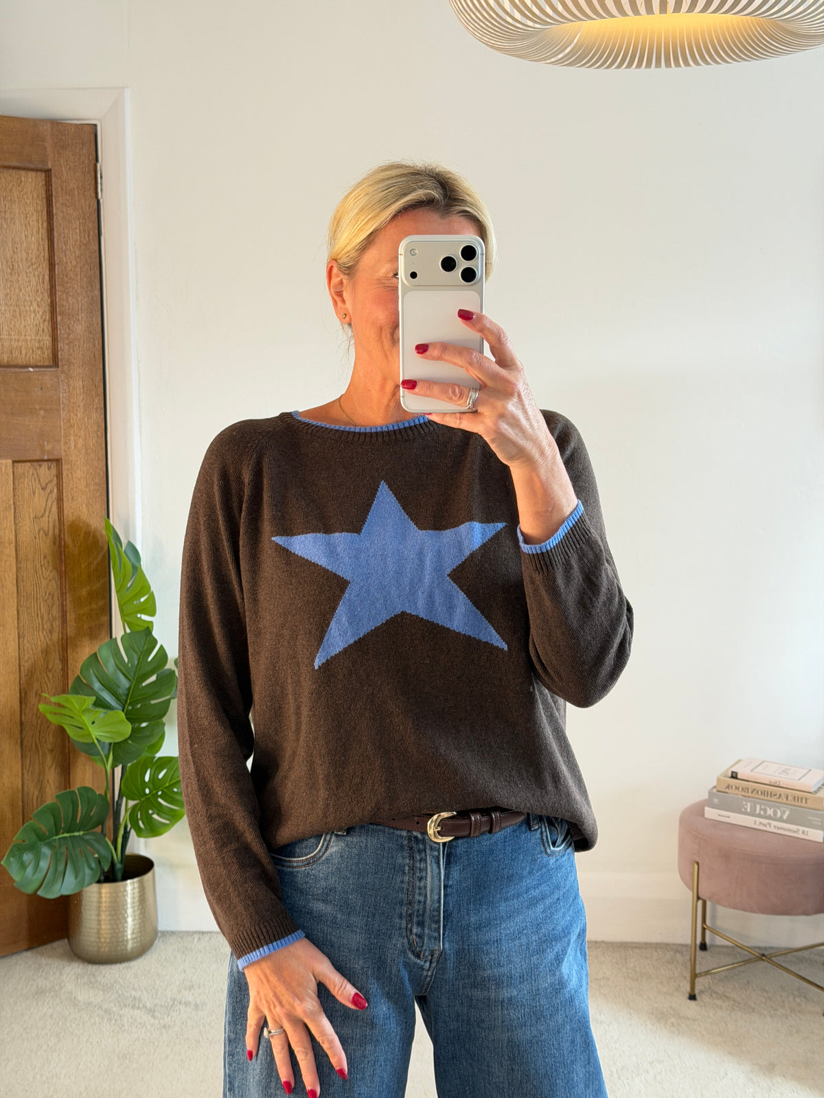 Chocolate/Cornflower Cashmere Mix Star Jumper