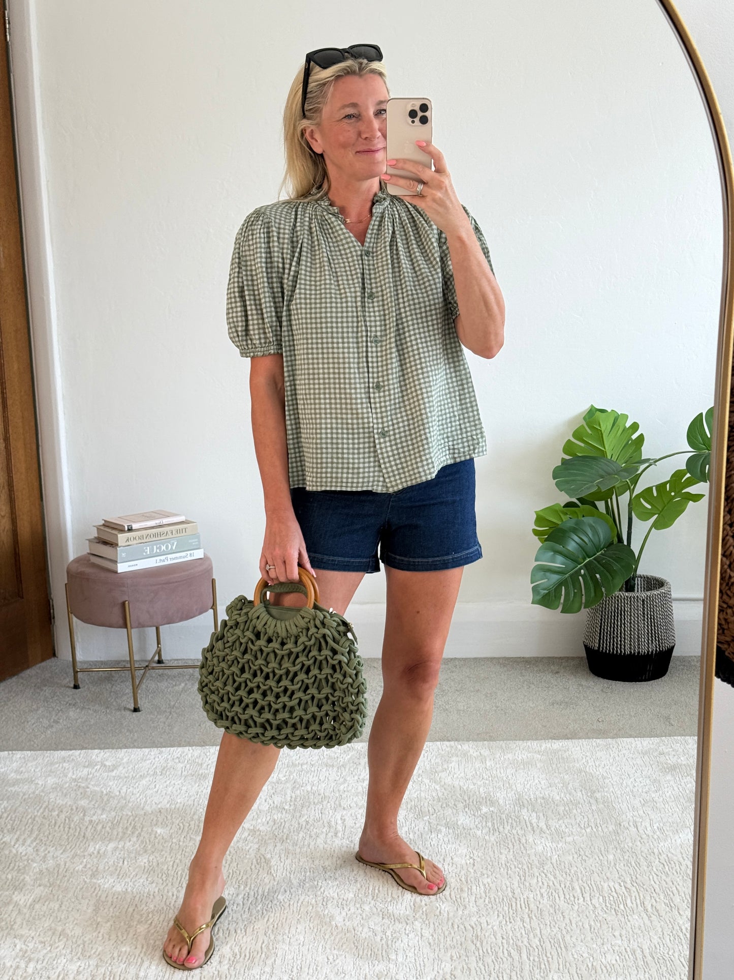 Navy/White Gingham Puff Sleeve Blouse