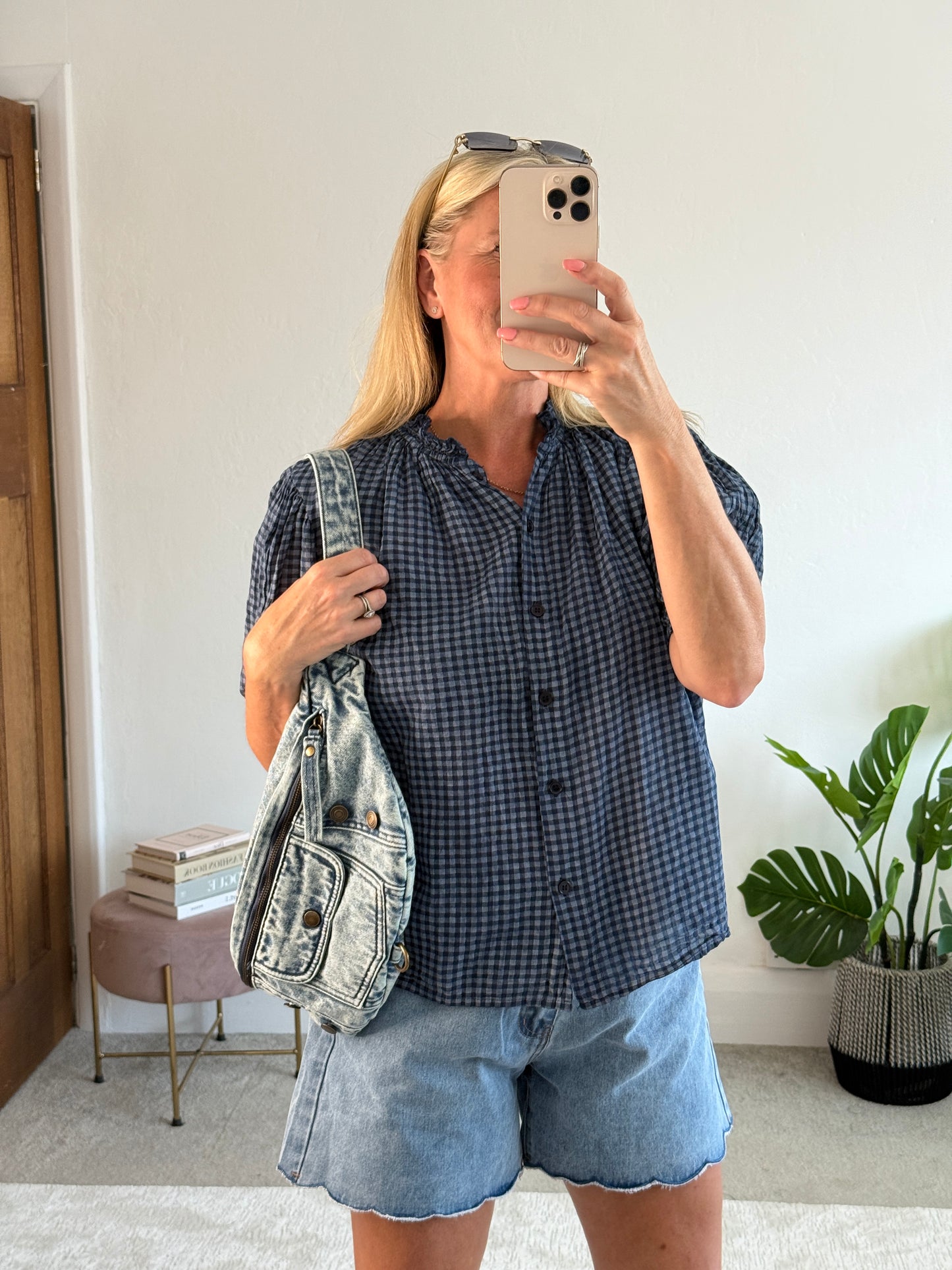Navy Gingham Frill Sleeve Blouse