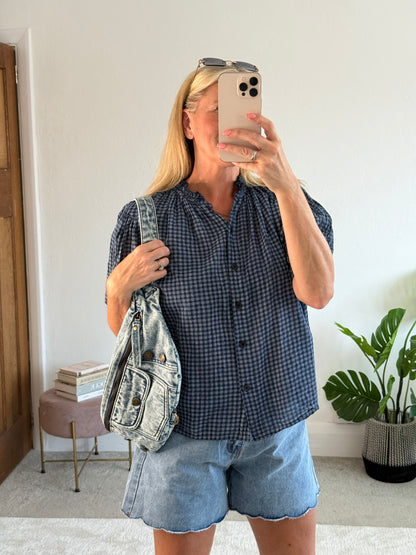 Navy Gingham Frill Sleeve Blouse