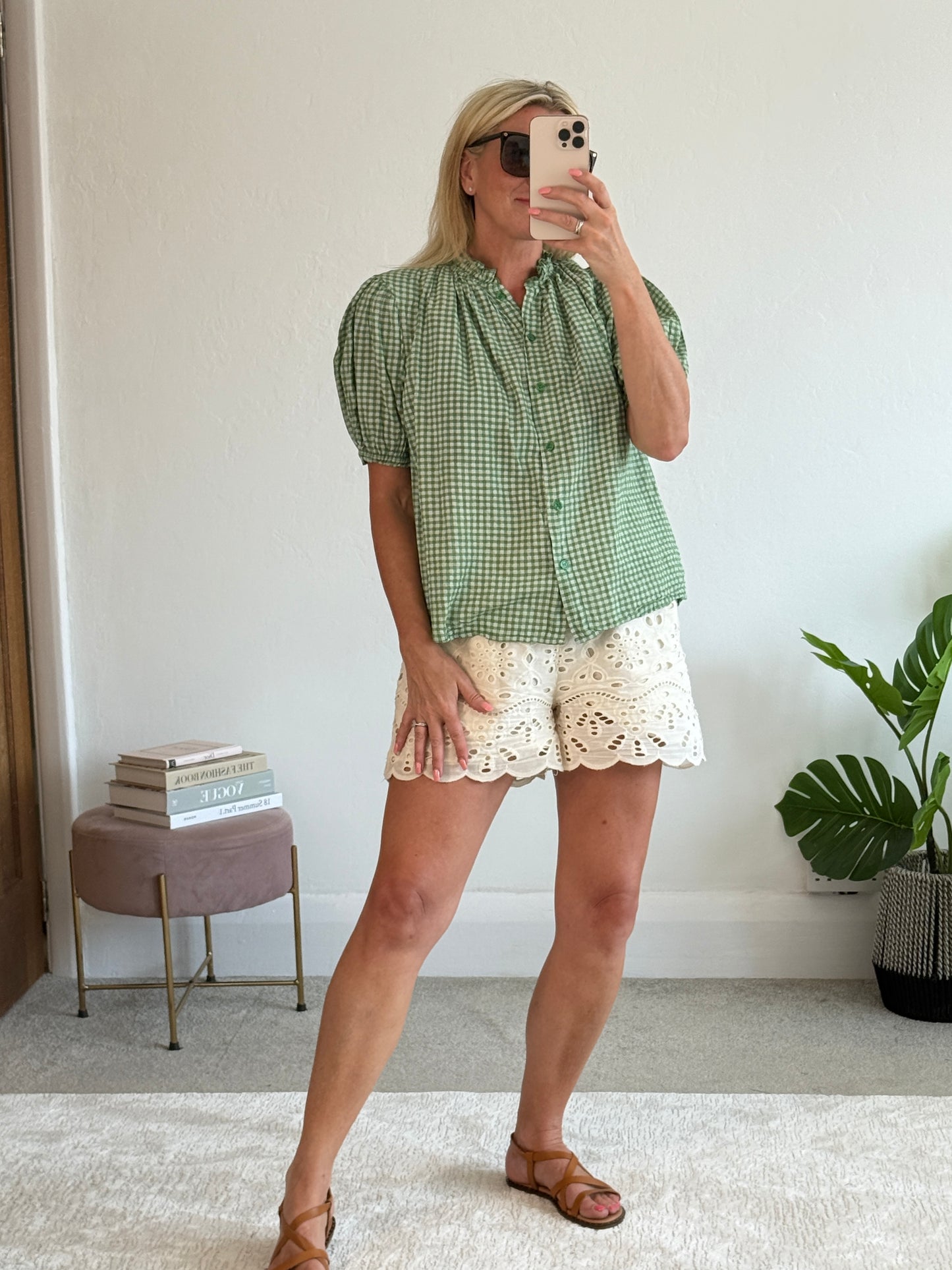 Khaki Gingham Frill Sleeve Blouse