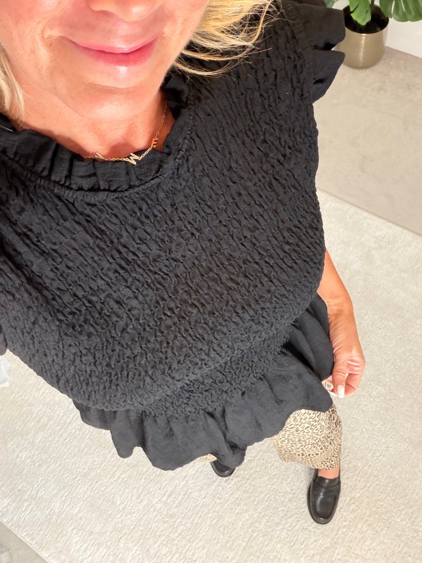 Black Smocked Peplum Top