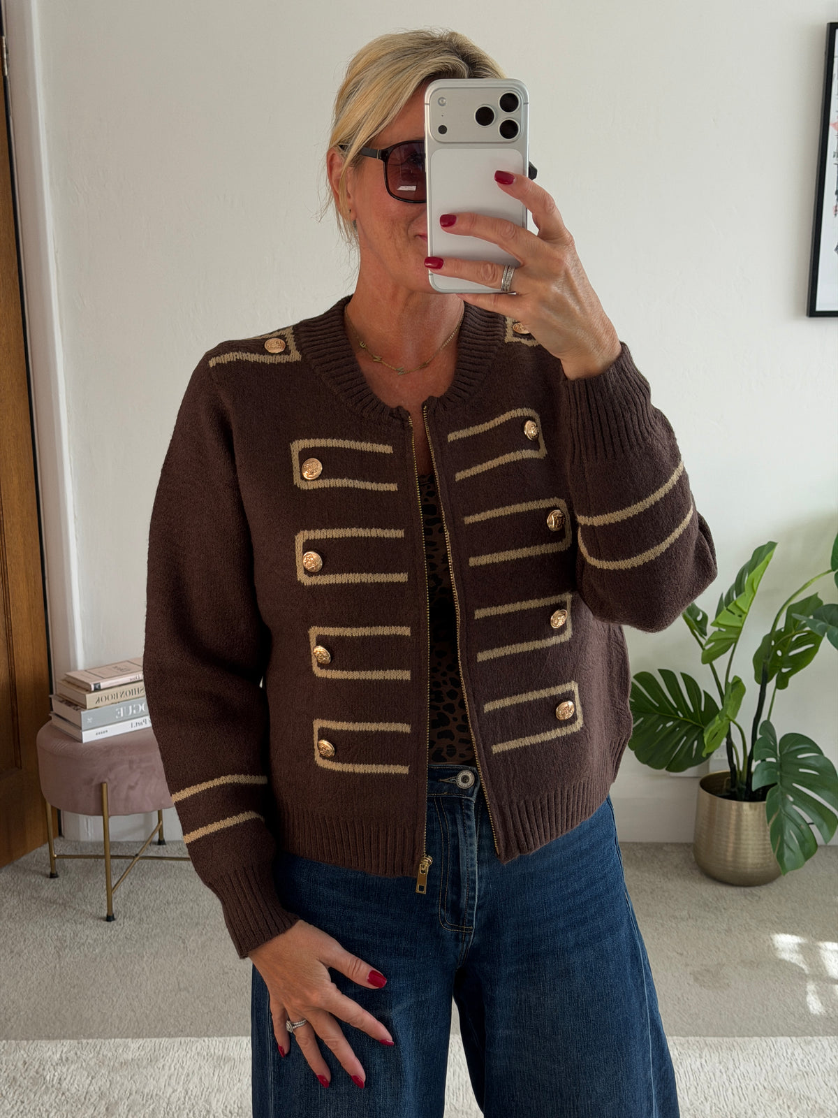 Chocolate Military Zip Front Knitted Cardi