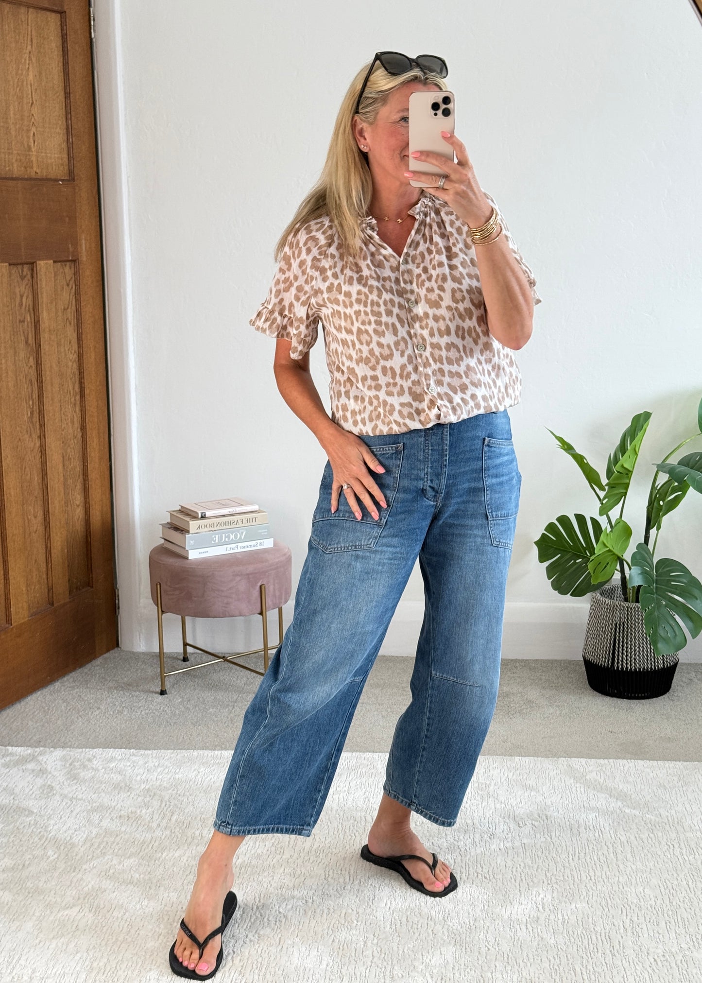 Beige Leopard Frill Sleeve Blouse