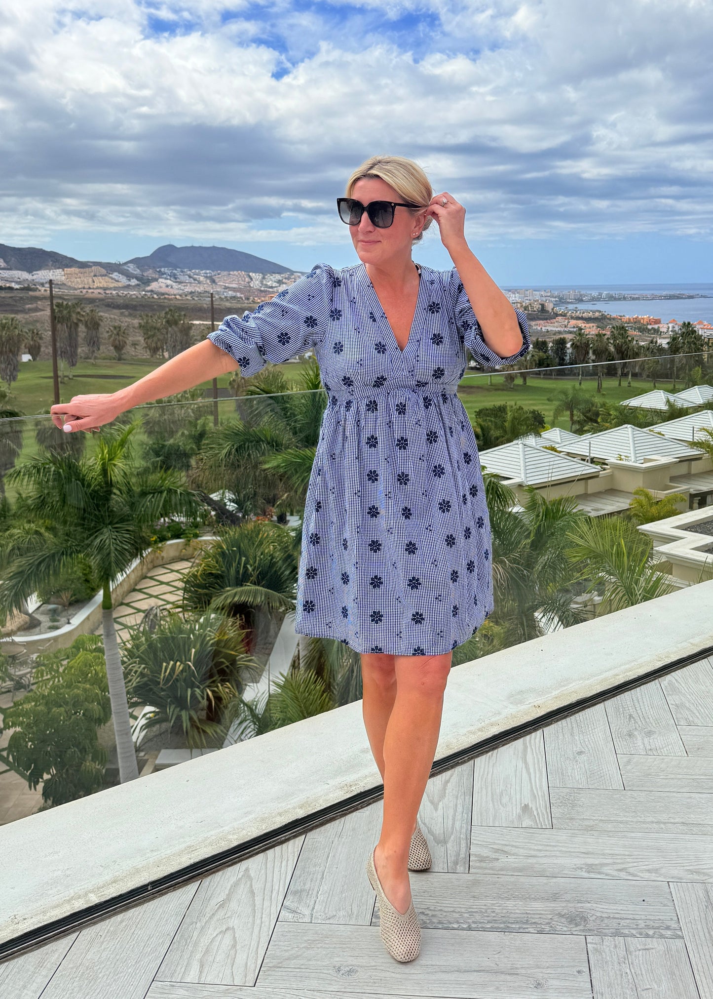Navy Check Floral Embroidered Dress