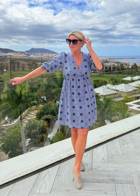 Navy Check Floral Embroidered Dress