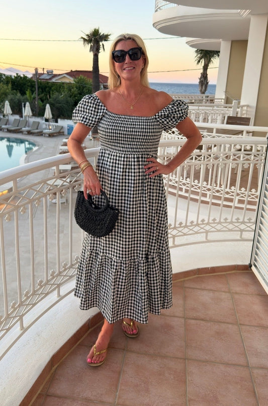 Black/White Gingham Bardot Maxi Dress