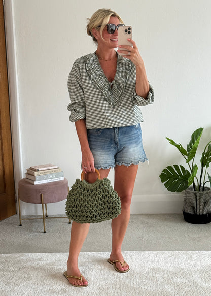 Khaki Gingham Ruffle Blouse