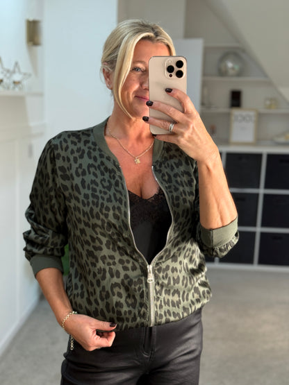 Khaki Leopard Silk Mix Bomber Jacket